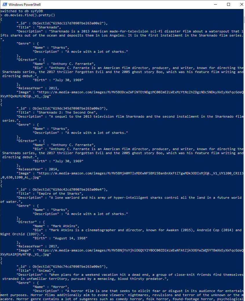 screenshot of my mongodb movie data returned in wondows powershell